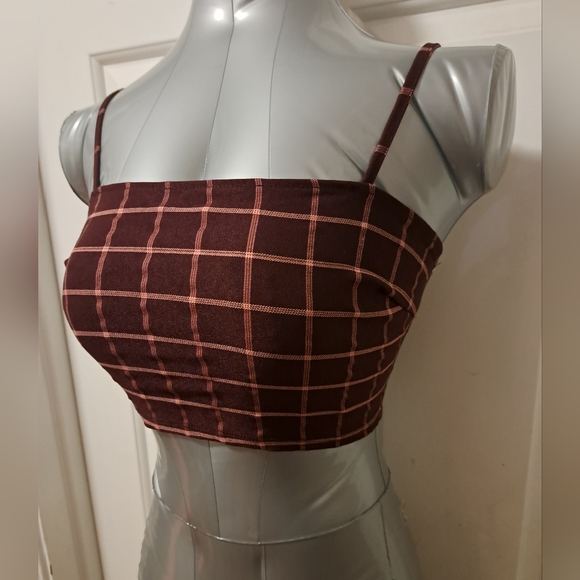 Forever 21 Burgundy Plaid Crop Top Sz S - Picture 6 of 10